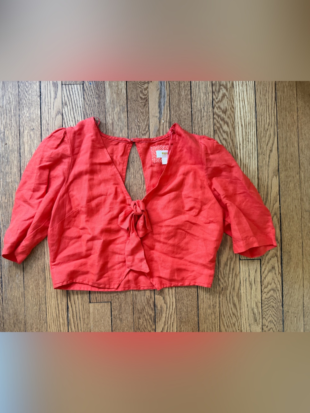 Anthropologie Coral Tie-Front Linen Blend Cropped Blouse - Size 8